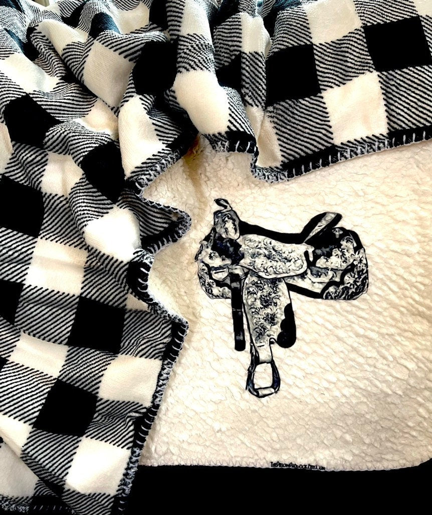 Black and white Buffalo checkered horse lovers throw blanket in velour and fleece for all equestrians. Custom 50 x 60 western,English,ranch.