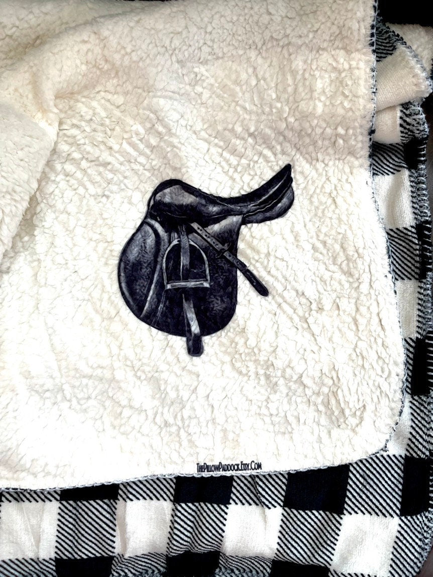 Black and white Buffalo checkered horse lovers throw blanket in velour and fleece for all equestrians. Custom 50 x 60 western,English,ranch.