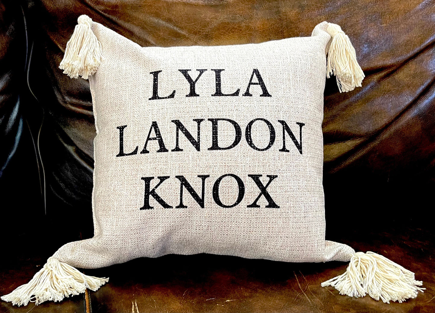 Welcome to our Farm or home pillow, custom burlap look with tassels, add family, pet names on the back as well as est date.