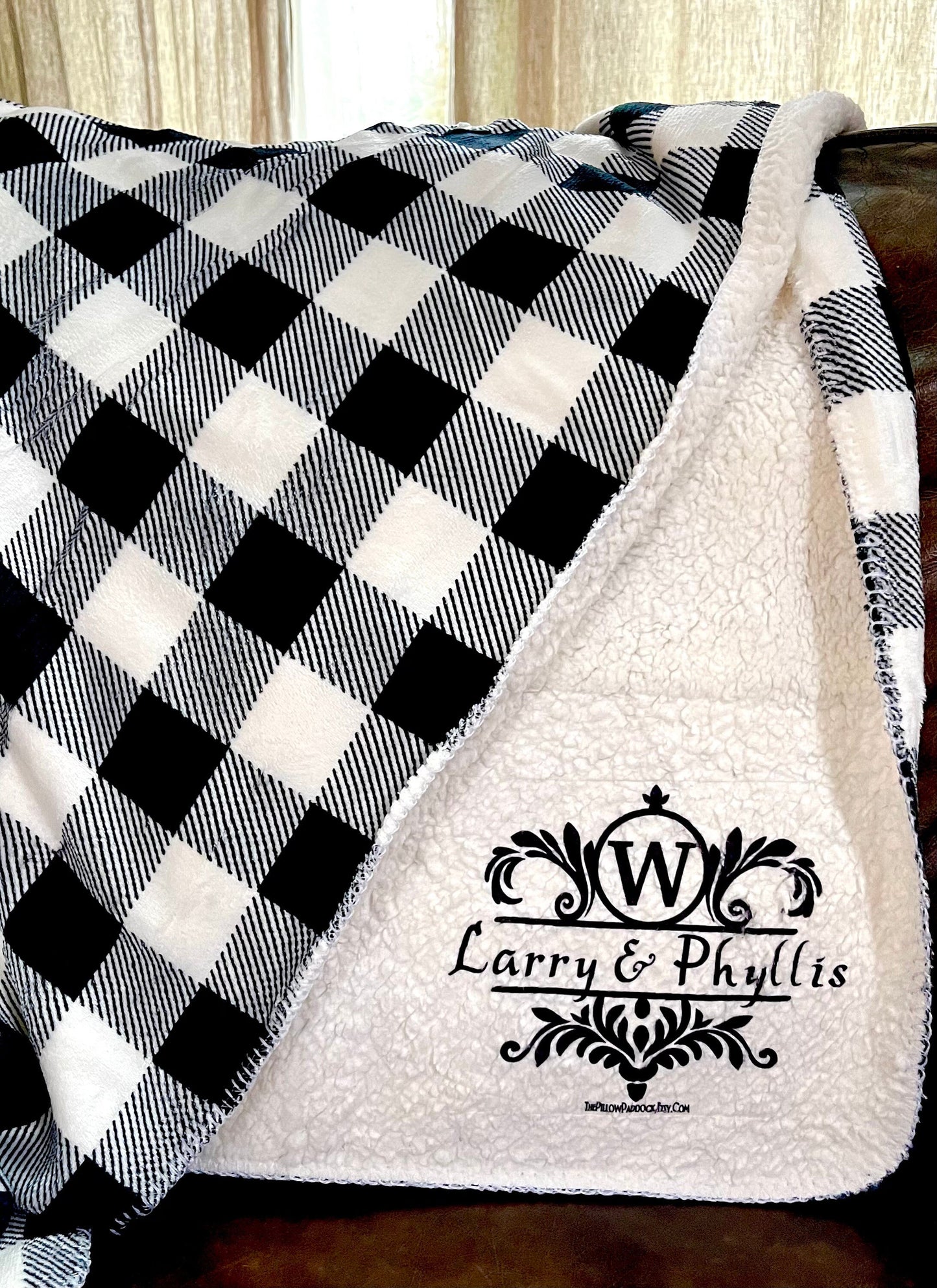 Black and white Buffalo checkered custom throw blanket in velour and fleece for snuggling on the couch 50 x 60 add personalization & voila!!