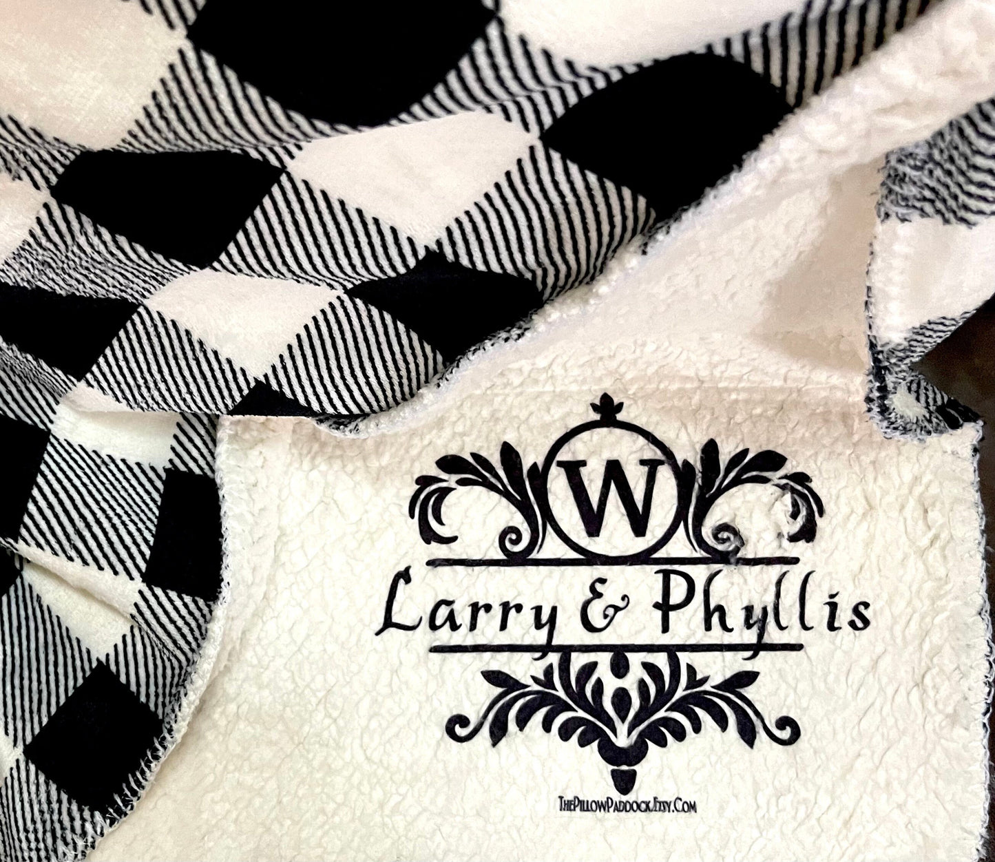 Black and white Buffalo checkered custom throw blanket in velour and fleece for snuggling on the couch 50 x 60 add personalization & voila!!