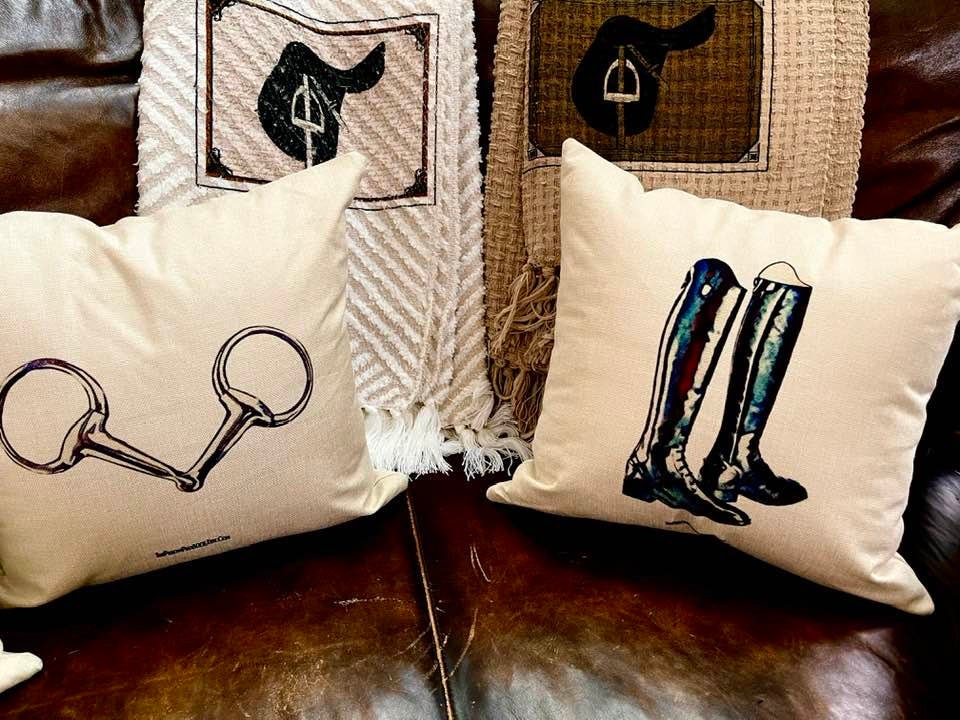 The Henri Collection, Hunt Seat Equestrian themed pillow cover with Saddle,Bit,Irons,Helmet,Boots,Snaffle Bit18x18 English themed