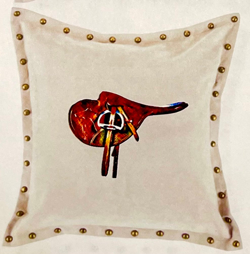 The Thoroughbred Collection, racing themed velour studded pillow cover with Saddle,Bit, Silks,Boots 18.8x18.8