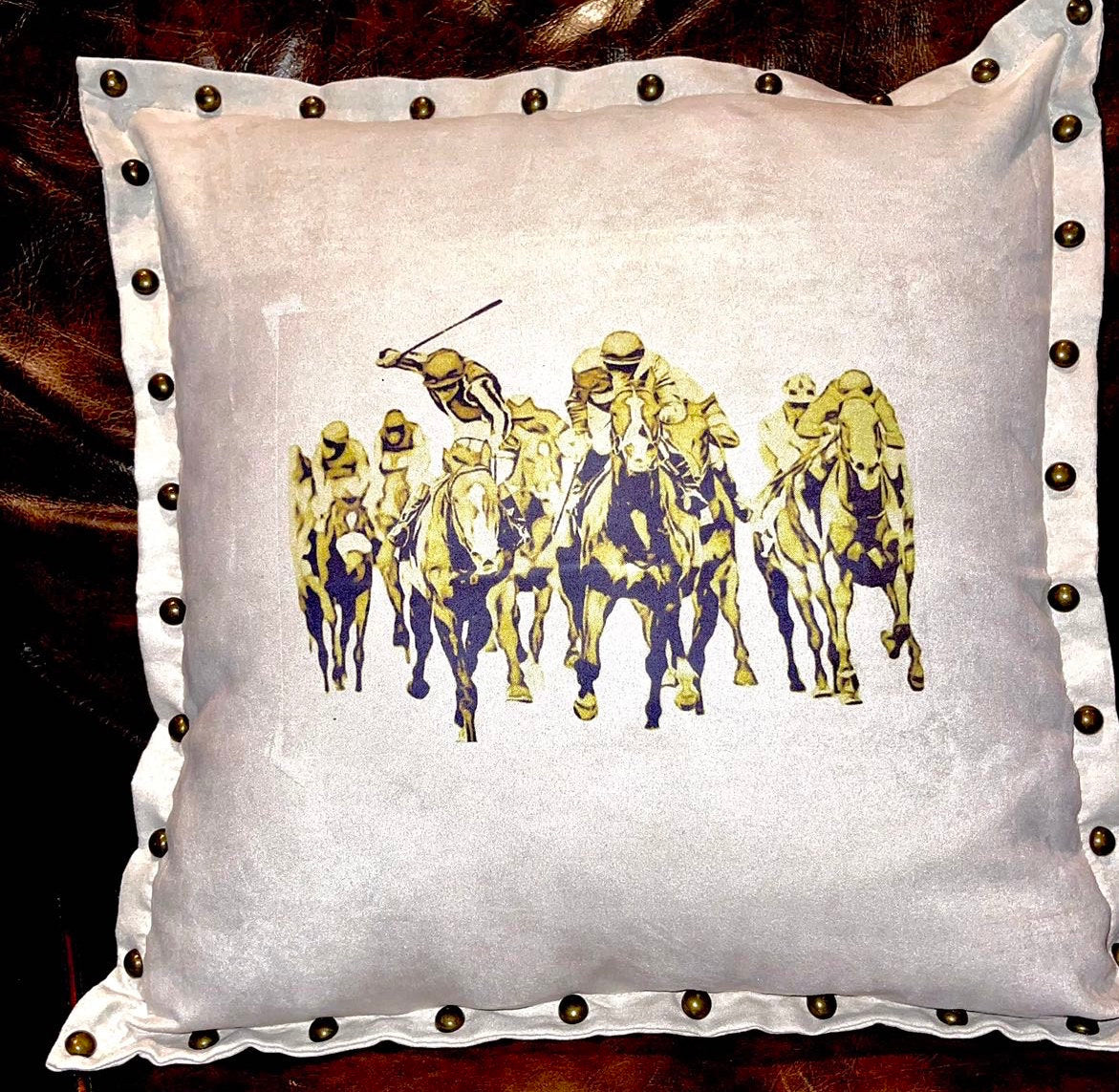 The Thoroughbred Collection, racing themed velour studded pillow cover with Saddle,Bit, Silks,Boots 18.8x18.8