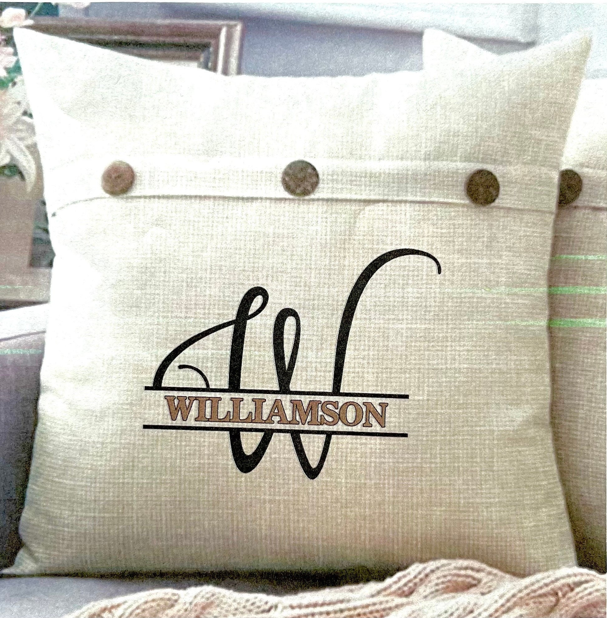 Luxurious personalized throw pillows in 3 decorative options, burlap farmhouse, pom pom velour, triple button designer quality 18 x 18