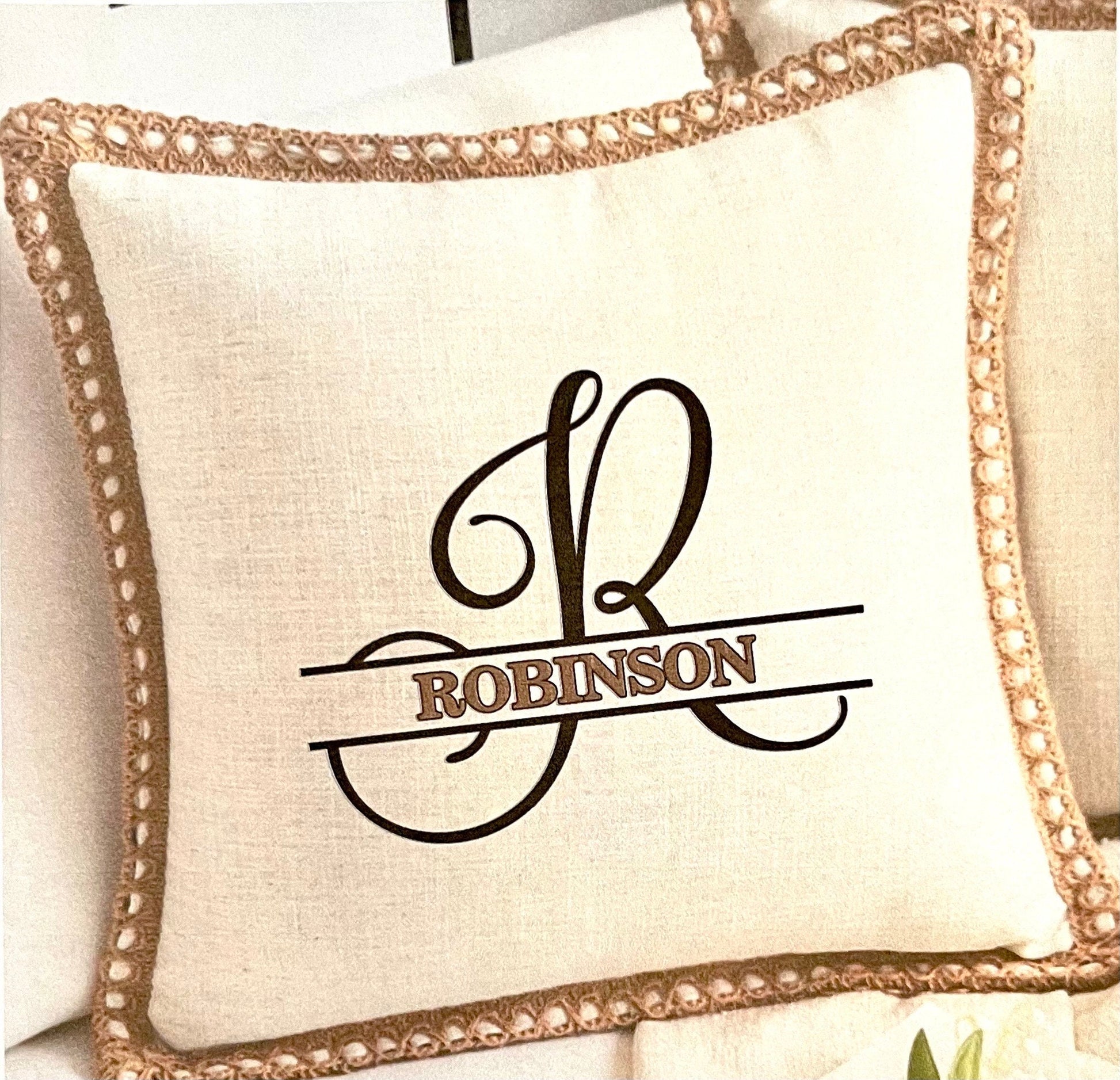 Luxurious personalized throw pillows in 3 decorative options, burlap farmhouse, pom pom velour, triple button designer quality 18 x 18