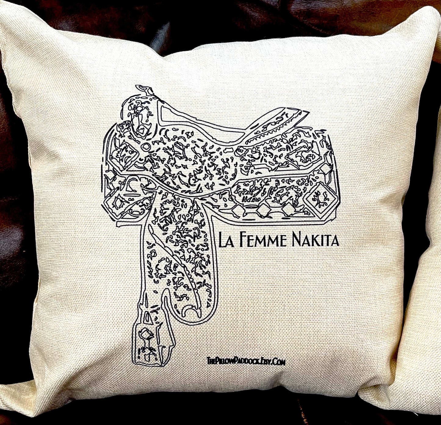 Western Pleasure Show Saddle or halter throw pillow with intricate details for the Show horse enthusiasts, linen look cover only 16 x 16