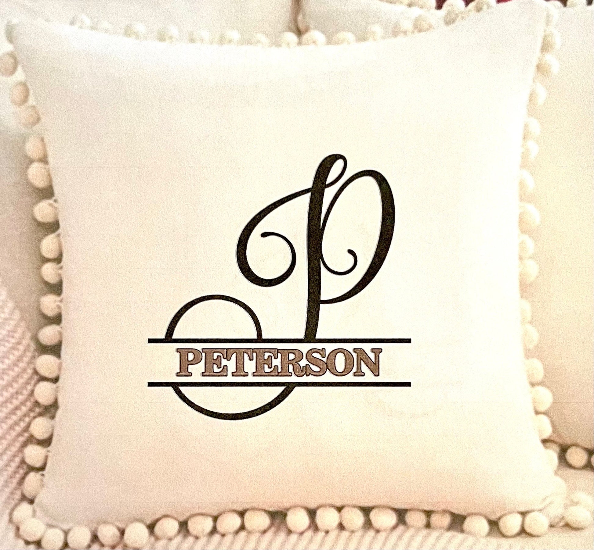 Luxurious personalized throw pillows in 3 decorative options, burlap farmhouse, pom pom velour, triple button designer quality 18 x 18