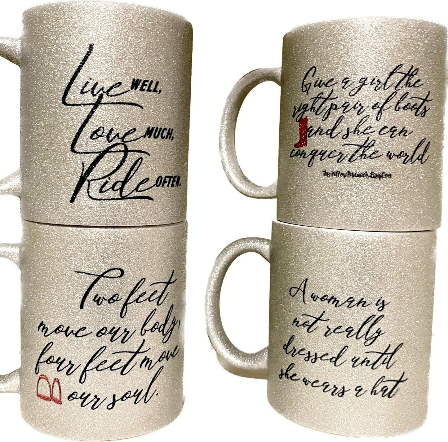 Silver Glitter and Pink Equestrian Coffee Mugs with English Saddle,Irons,Helmet,Boot and equine quotes, 11 oz can be customized with name.