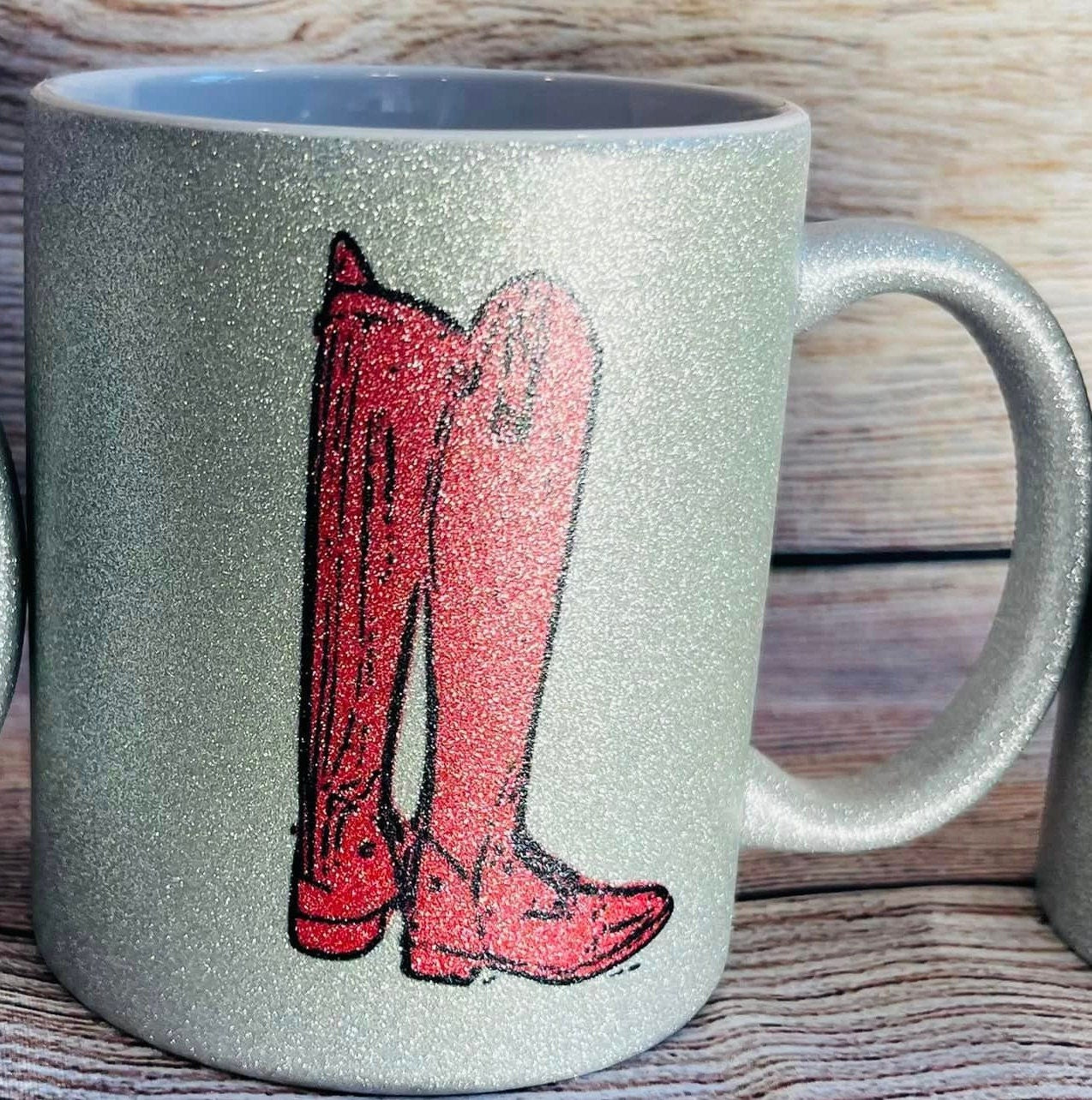 Silver Glitter and Pink Equestrian Coffee Mugs with English Saddle,Irons,Helmet,Boot and equine quotes, 11 oz can be customized with name.