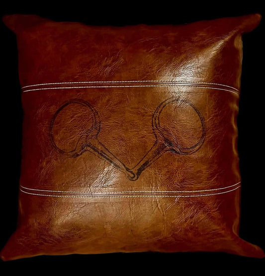 The Trifecta Collection of Boho Brown Faux Leather Throw Pillow with Snaffle Bit and Hand Stitched 18 x 18