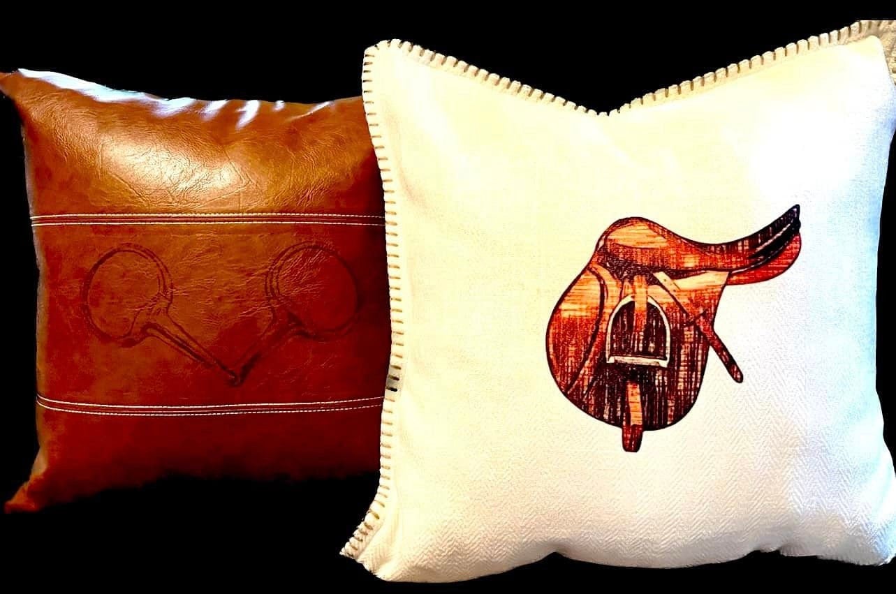 The Trifecta Collection of Boho Brown Faux Leather Throw Pillow with Snaffle Bit and Hand Stitched 18 x 18