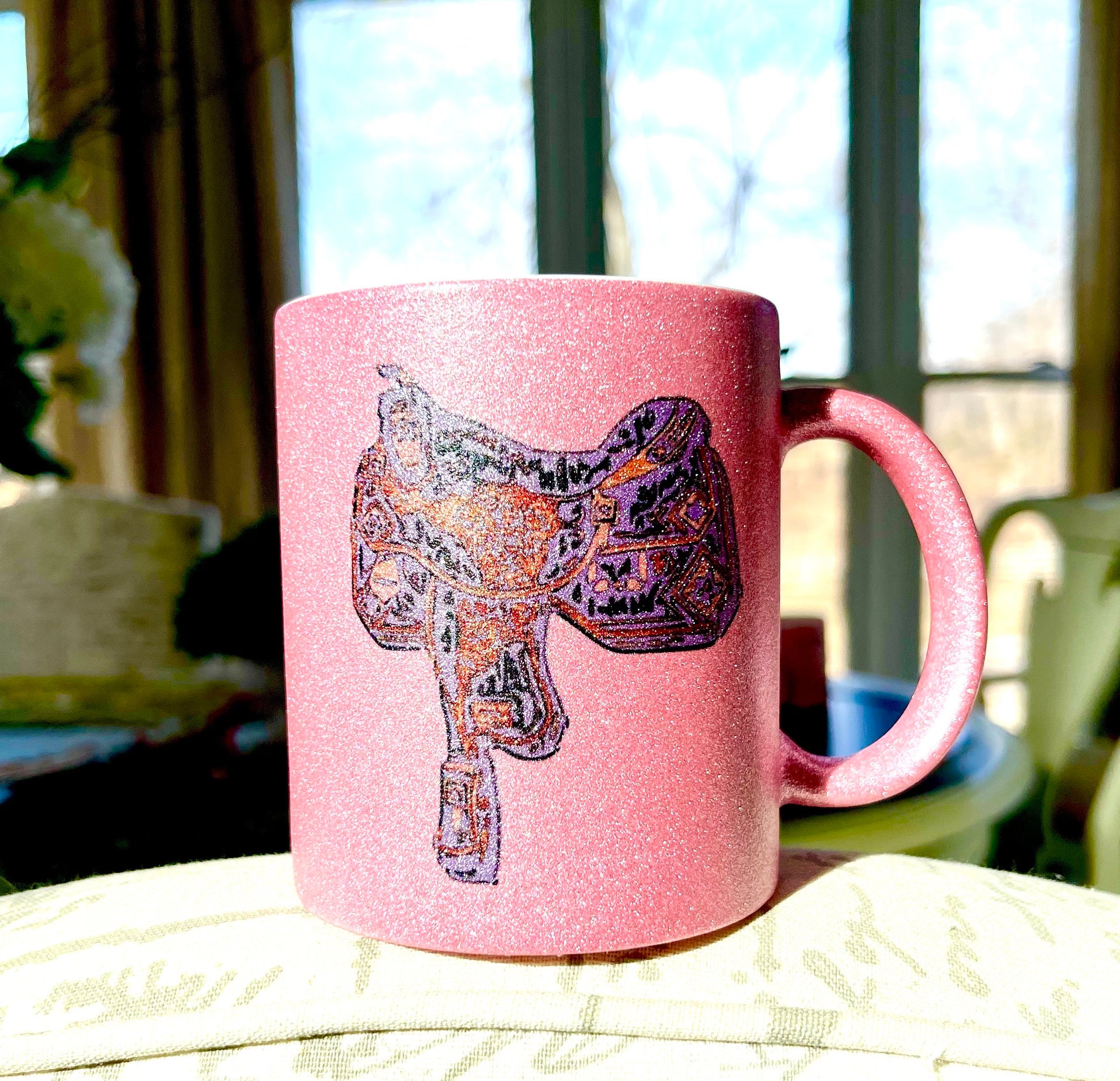 Pink Glitter Coffee Mugs with Western Stirrup, Halter, Hat, Boot, Saddle,Peace Love Horses and quotes. Add name for a personal touch. 11 oz.