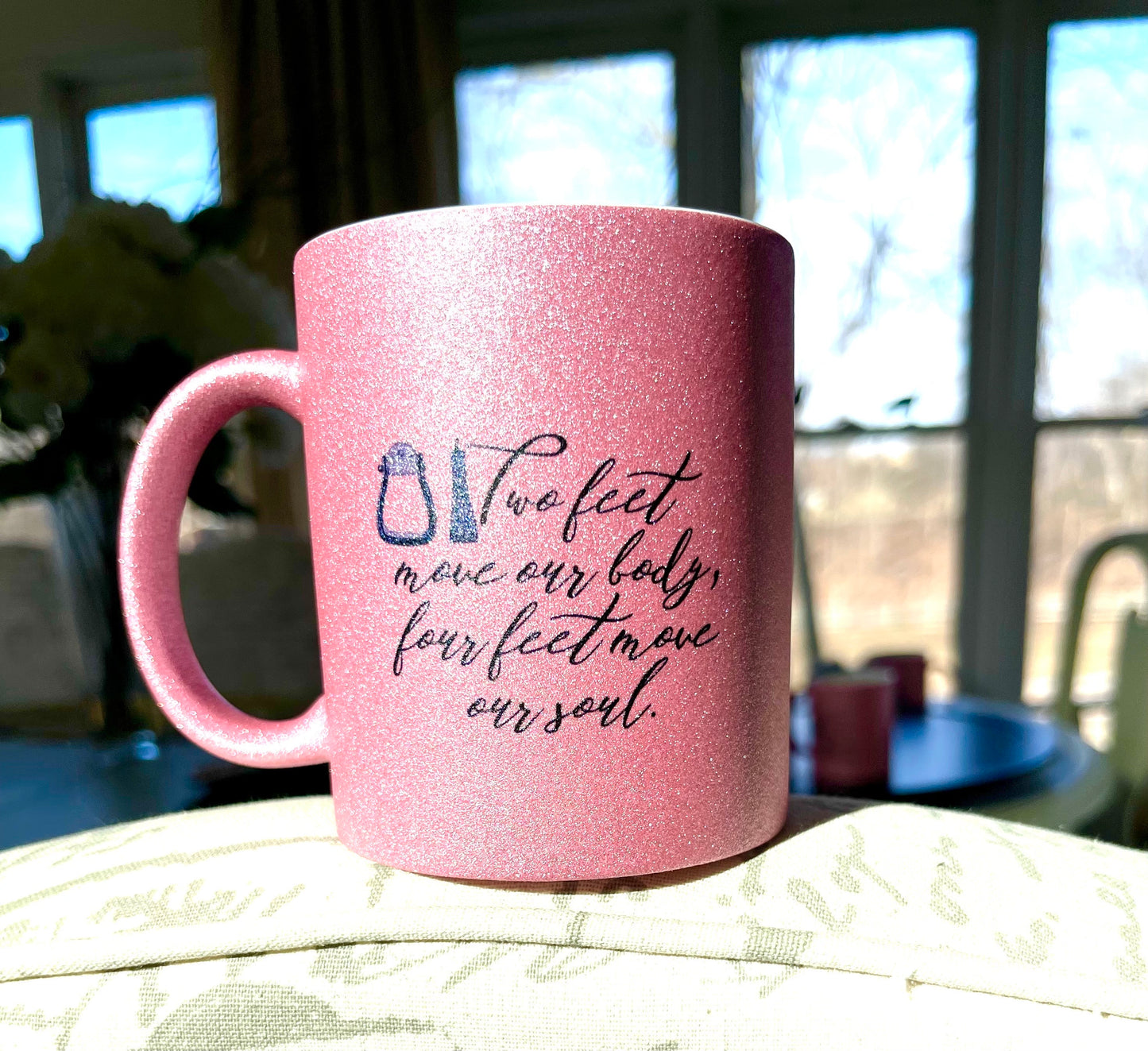 Pink Glitter Coffee Mugs with Western Stirrup, Halter, Hat, Boot, Saddle,Peace Love Horses and quotes. Add name for a personal touch. 11 oz.