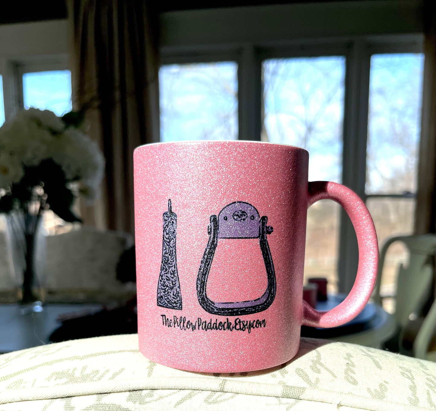 Pink Glitter Coffee Mugs with Western Stirrup, Halter, Hat, Boot, Saddle,Peace Love Horses and quotes. Add name for a personal touch. 11 oz.