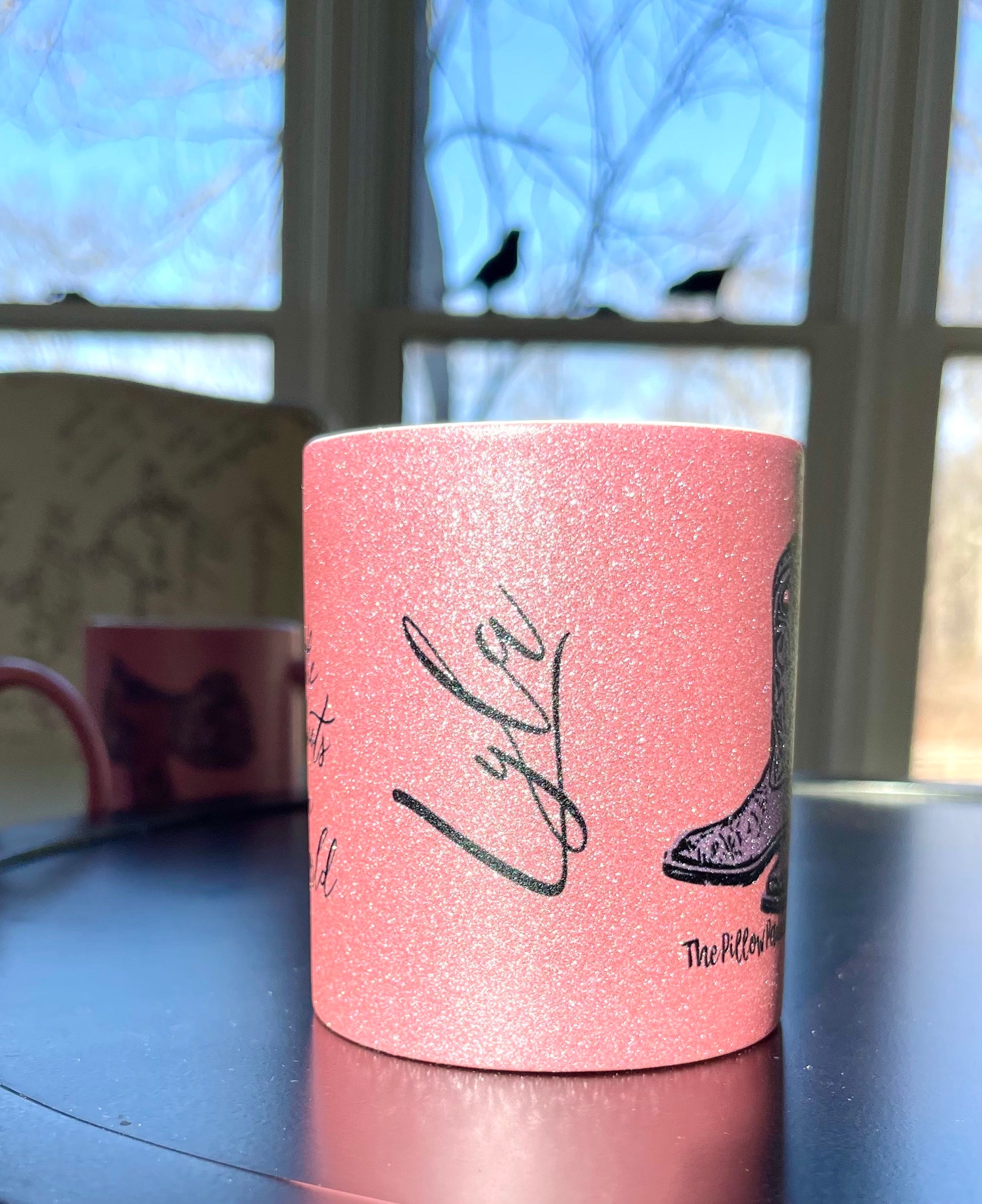 Pink Glitter Coffee Mugs with Western Stirrup, Halter, Hat, Boot, Saddle,Peace Love Horses and quotes. Add name for a personal touch. 11 oz.