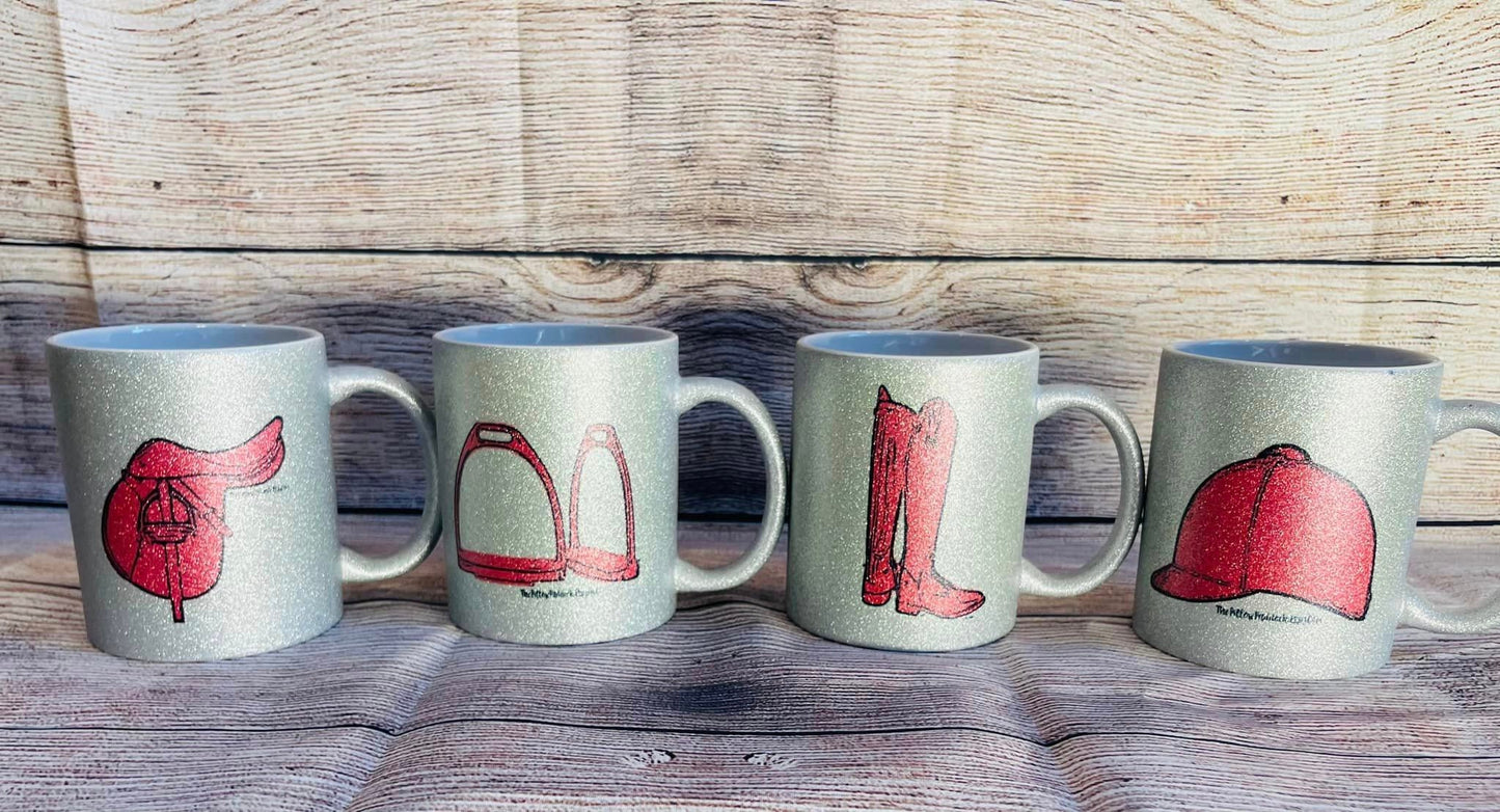 Silver Glitter and Pink Equestrian Coffee Mugs with English Saddle,Irons,Helmet,Boot and equine quotes, 11 oz can be customized with name.