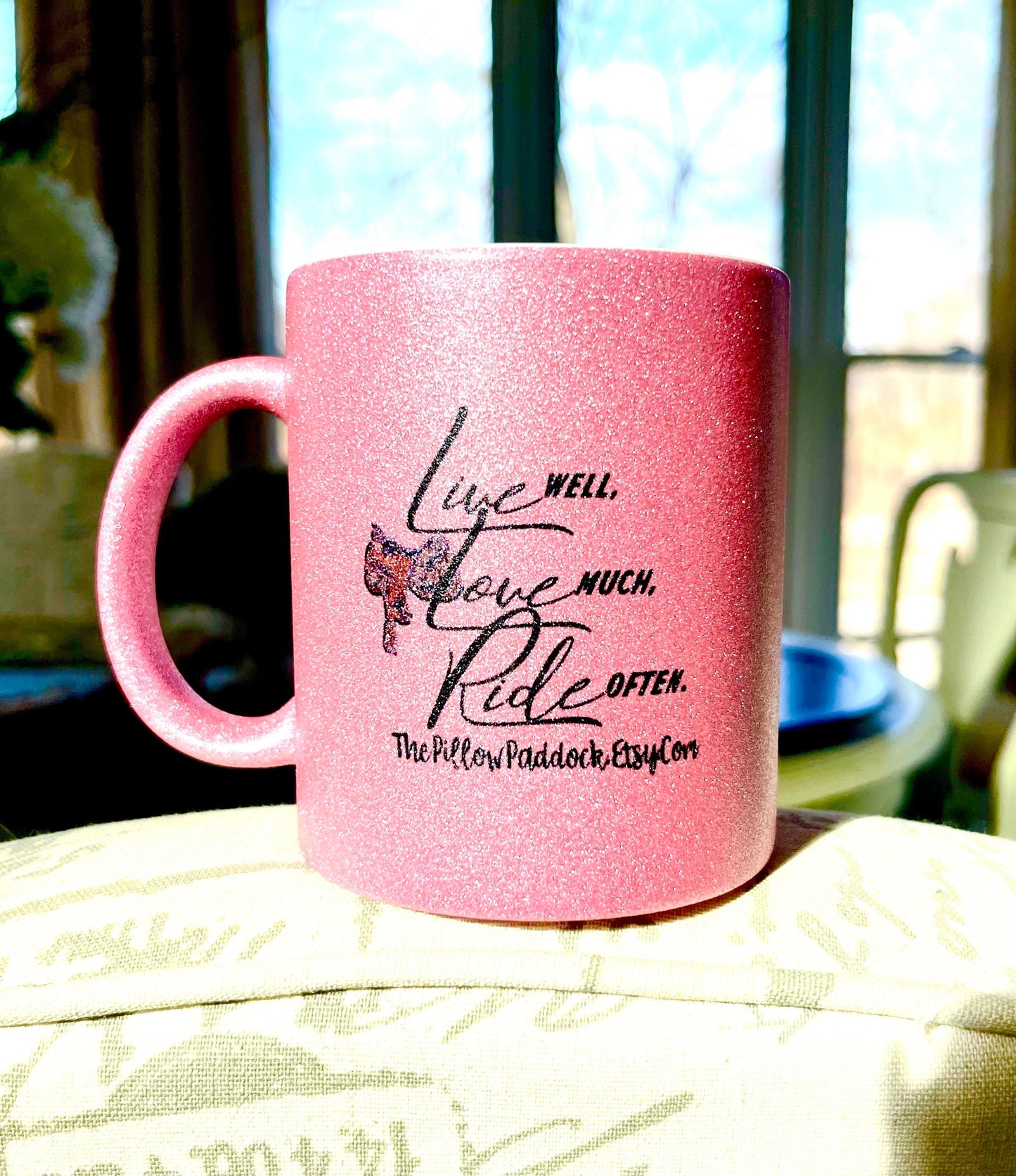 Pink Glitter Coffee Mugs with Western Stirrup, Halter, Hat, Boot, Saddle,Peace Love Horses and quotes. Add name for a personal touch. 11 oz.