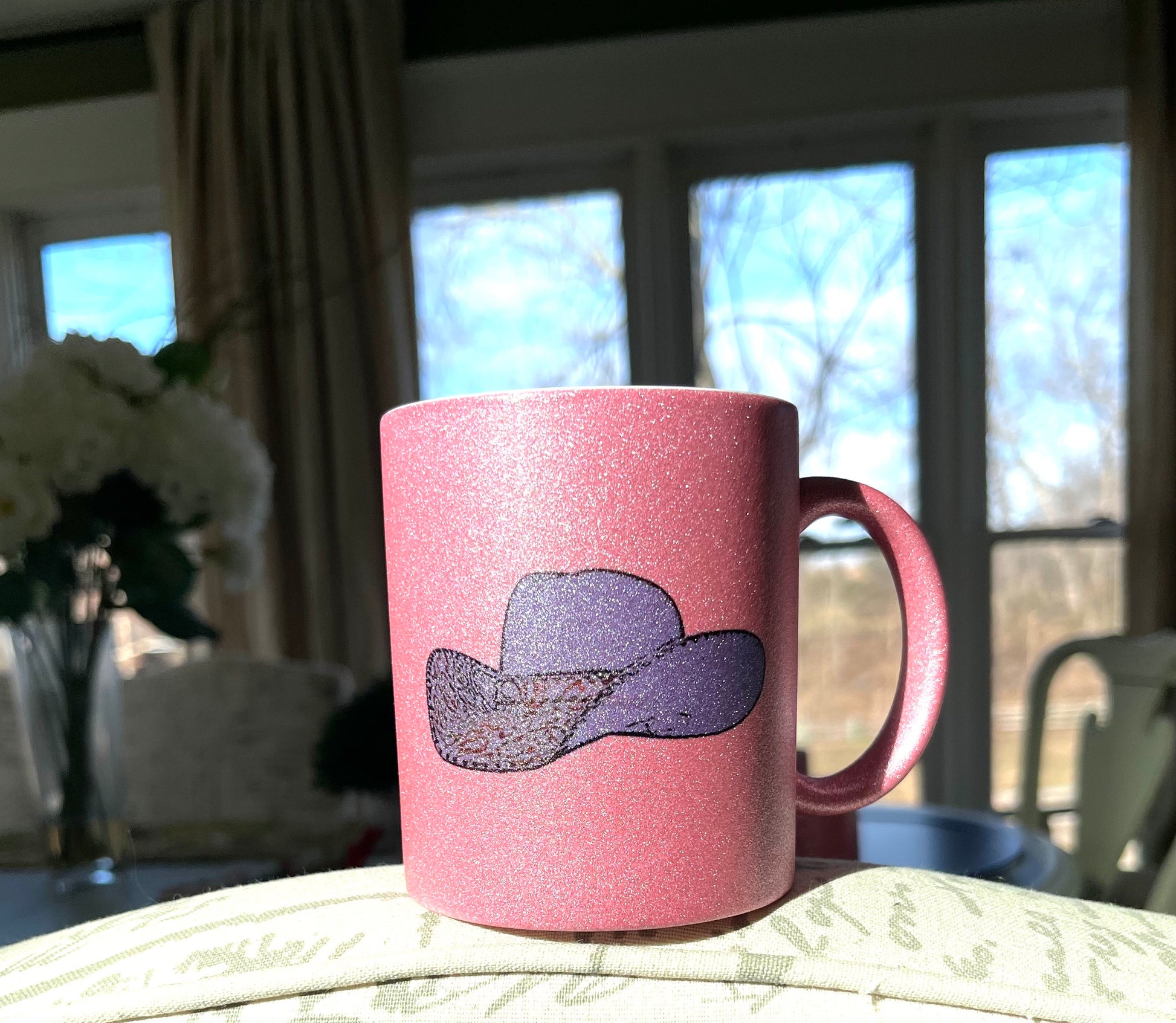 Pink Glitter Coffee Mugs with Western Stirrup, Halter, Hat, Boot, Saddle,Peace Love Horses and quotes. Add name for a personal touch. 11 oz.