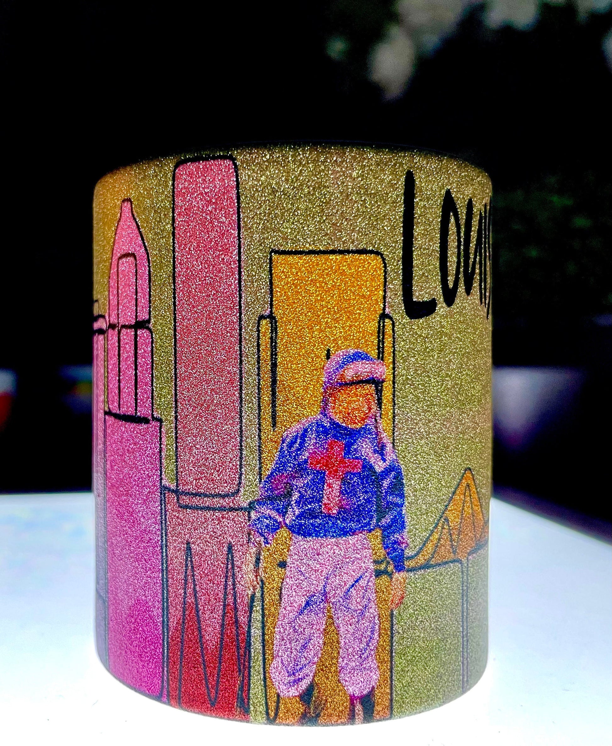 City of Louisville Skyline with Jockeys walking through it. Happy to do this cup on a Silver Glitter, or white background, they are stunning and unique in person.