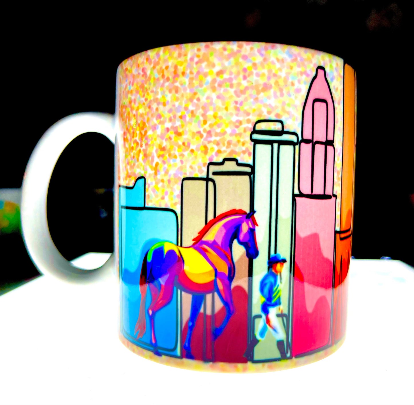 This cup has 3 jockeys walking through the City of Louisville Skyline. Happy to put your city on this cup.