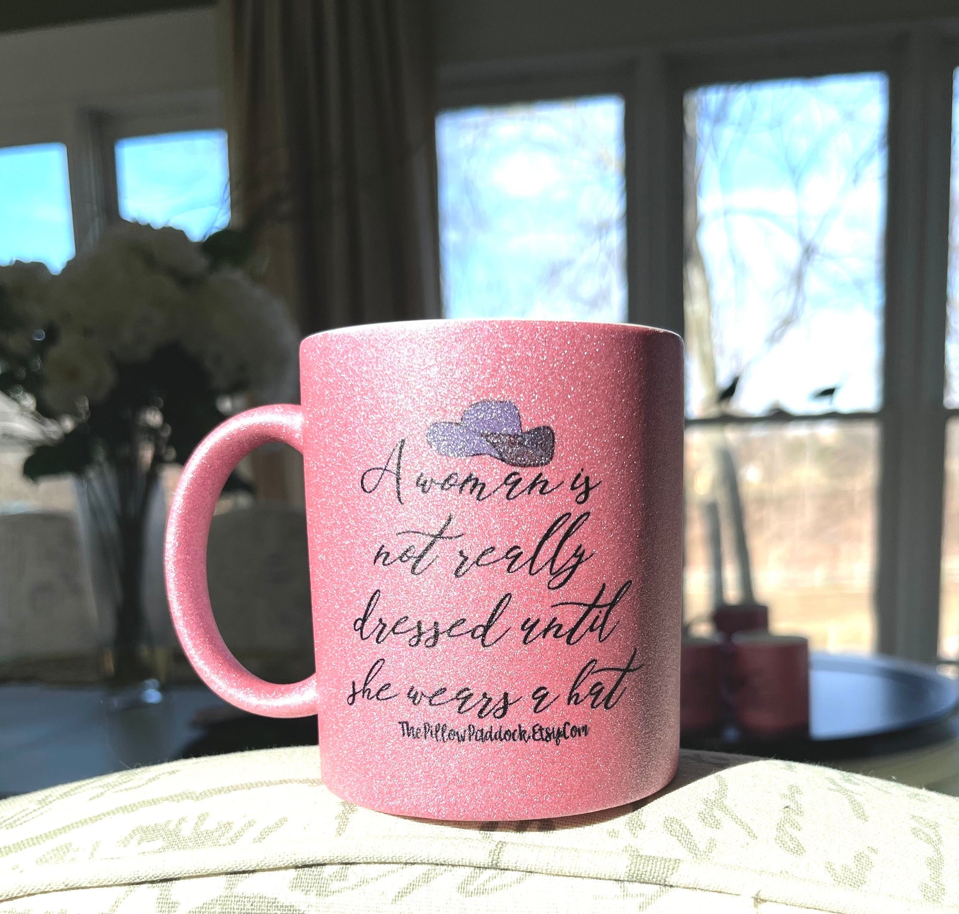 Pink Glitter Coffee Mugs with Western Stirrup, Halter, Hat, Boot, Saddle,Peace Love Horses and quotes. Add name for a personal touch. 11 oz.