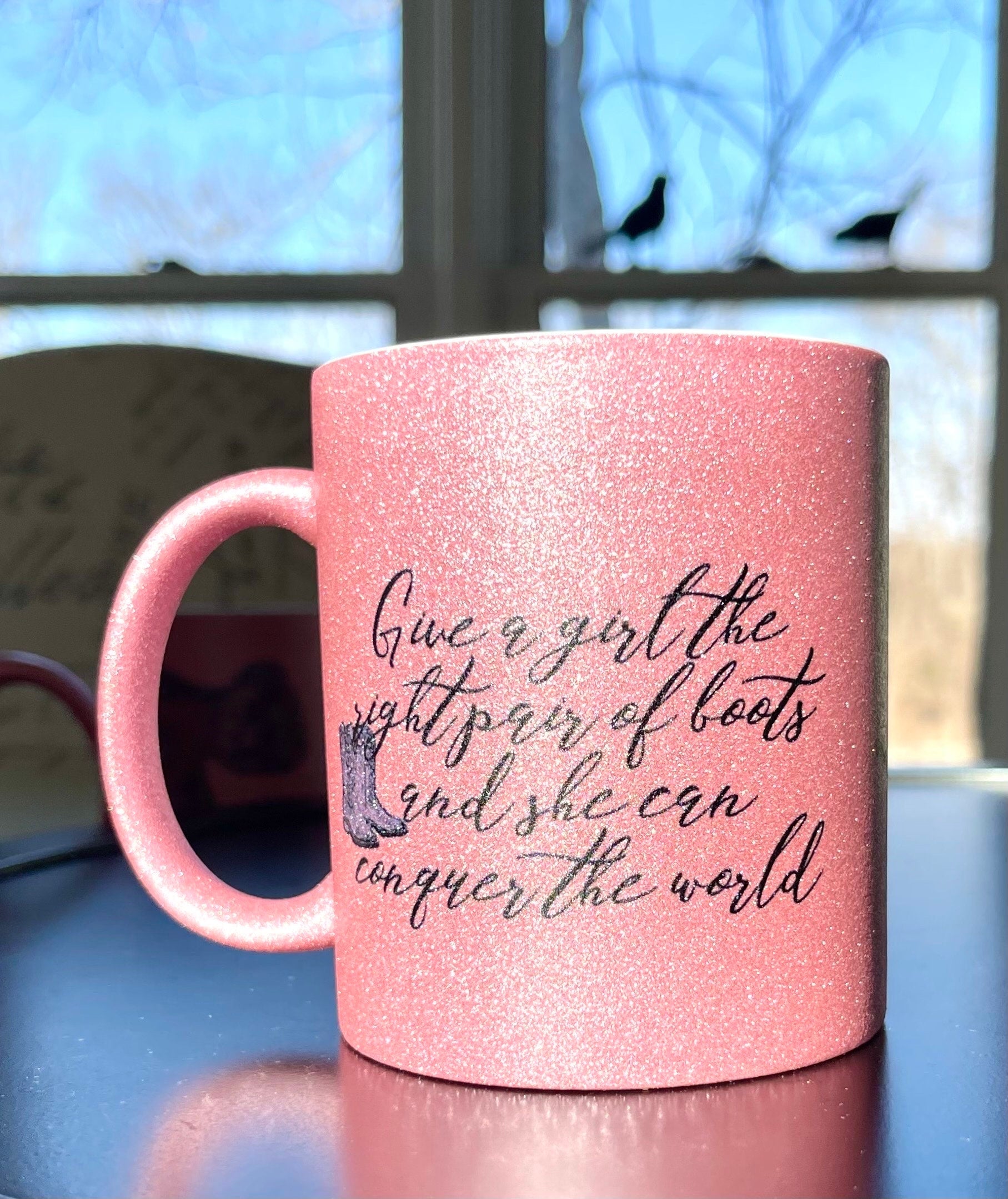 Pink Glitter Coffee Mugs with Western Stirrup, Halter, Hat, Boot, Saddle,Peace Love Horses and quotes. Add name for a personal touch. 11 oz.