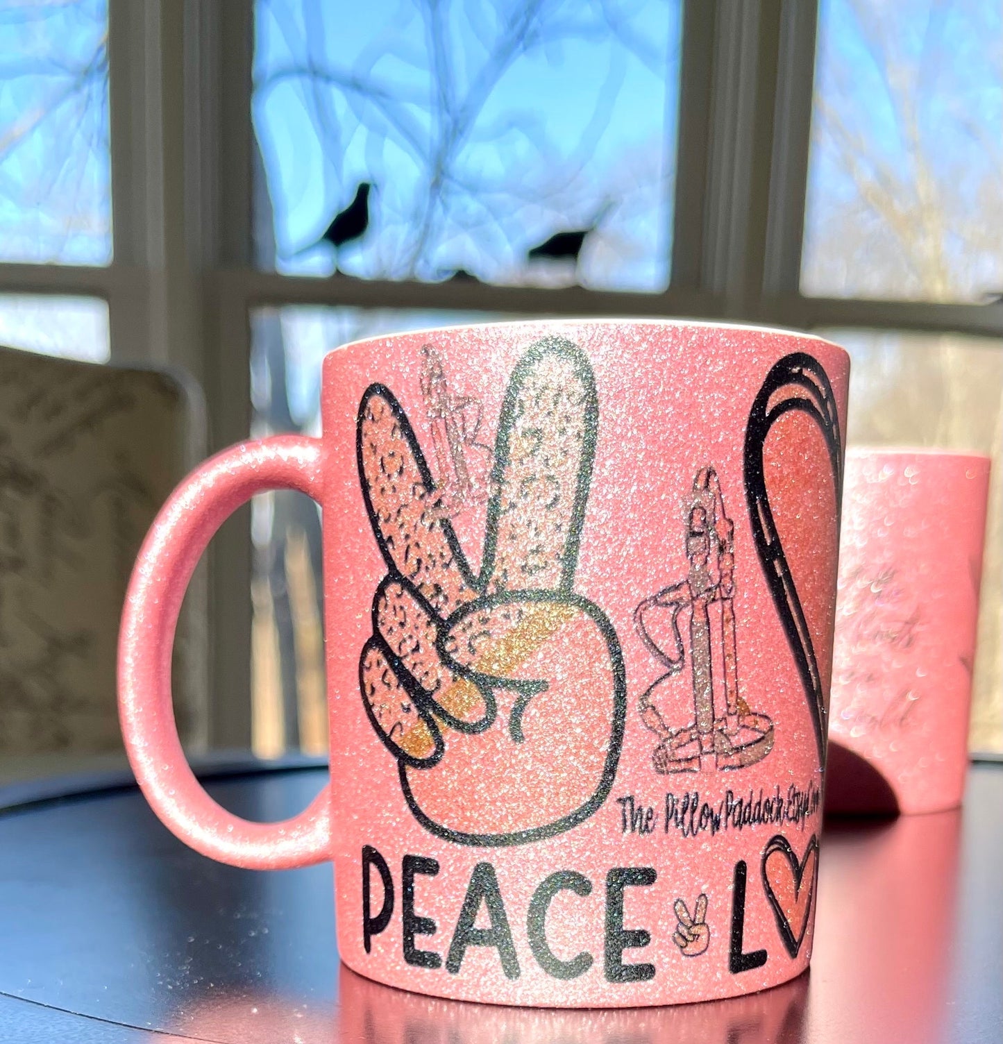 Pink Glitter Coffee Mugs with Western Stirrup, Halter, Hat, Boot, Saddle,Peace Love Horses and quotes. Add name for a personal touch. 11 oz.