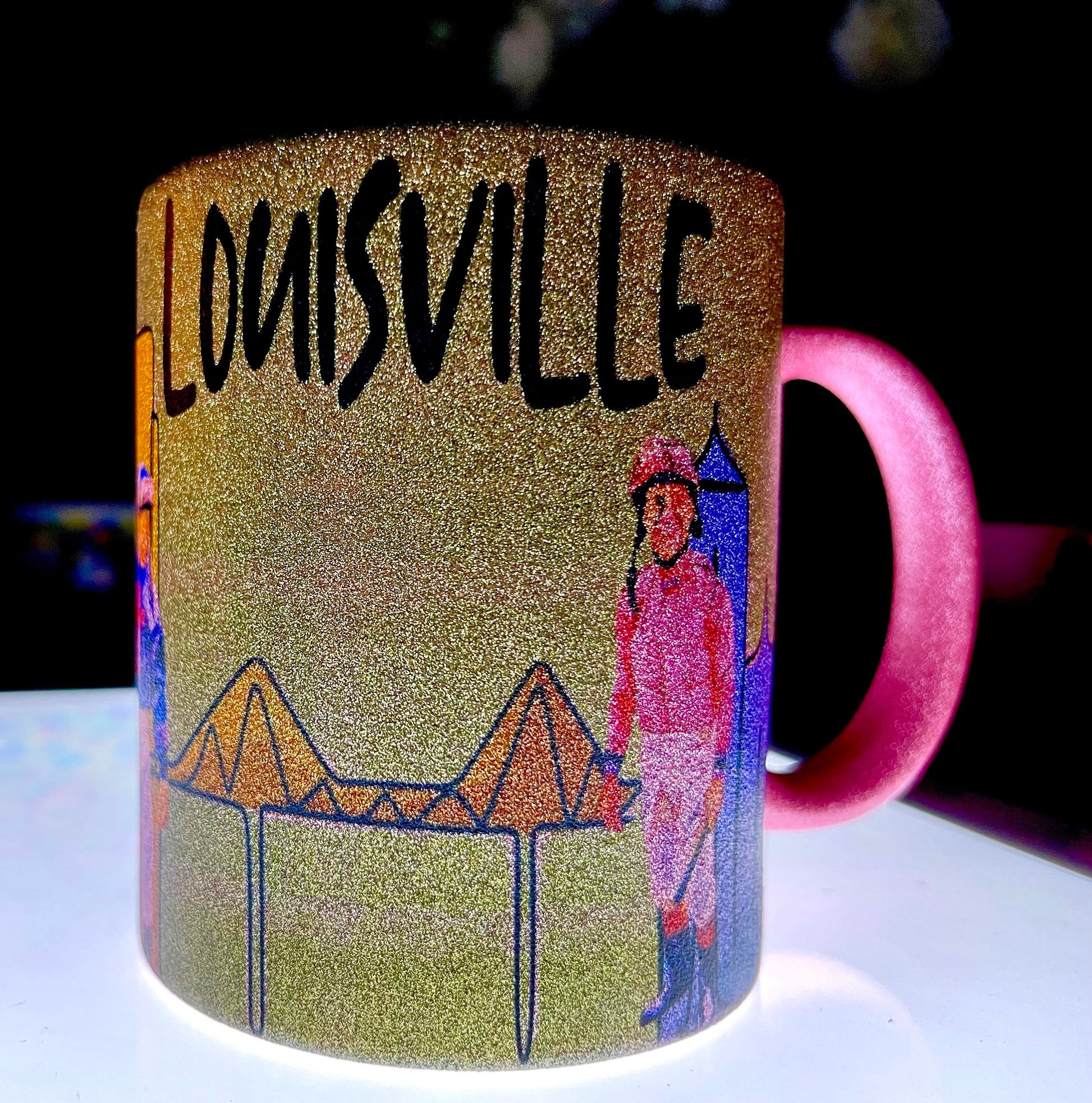 City of Louisville Skyline with Jockeys walking through it. Happy to do this cup on a Silver Glitter, or white background, they are stunning and unique in person.