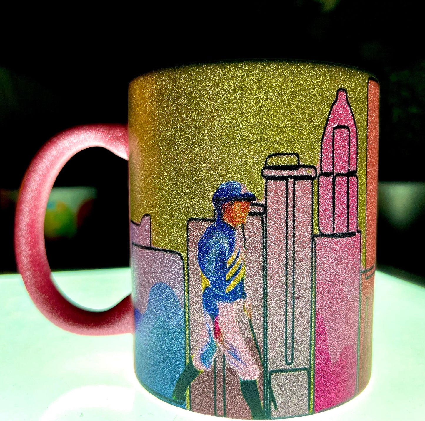 City of Louisville Skyline with Jockeys walking through it. Happy to do this cup on a Silver Glitter, or white background, they are stunning and unique in person.