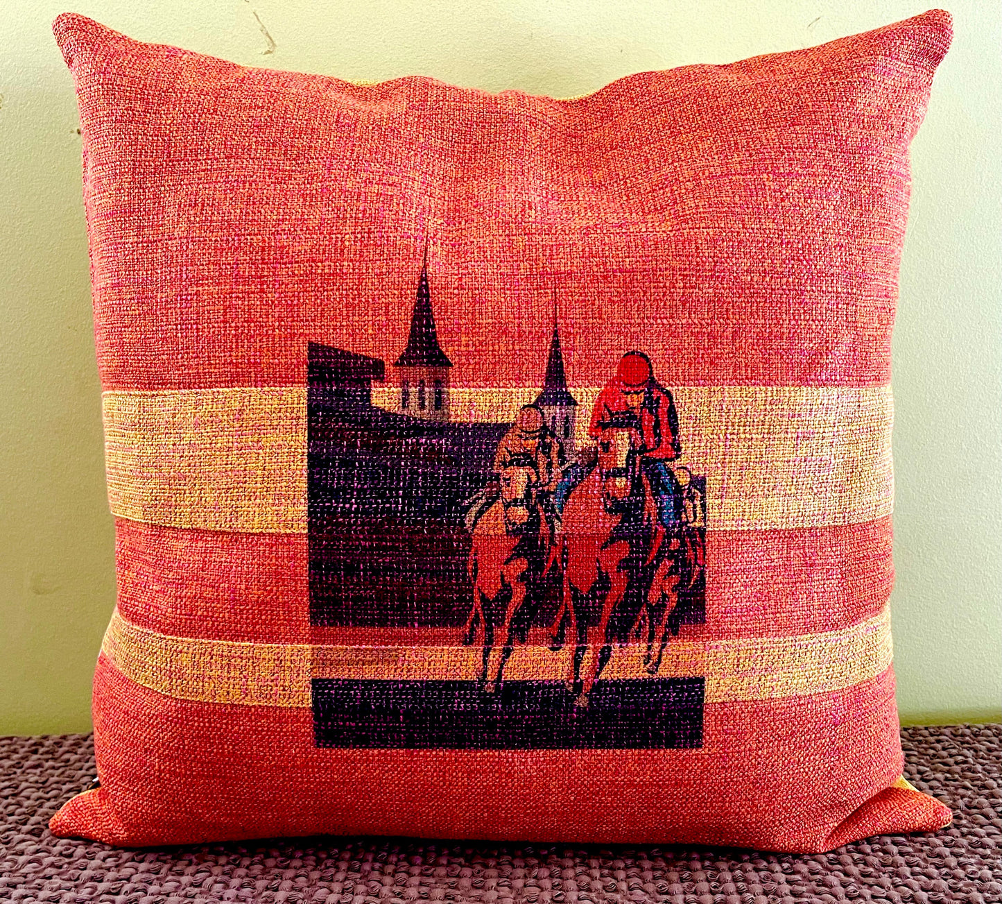 And Their Off!!!Kentucky Derby and horse racing throw pillow, one of a kind and only 2 available in the world. Unique textures 18 x 18