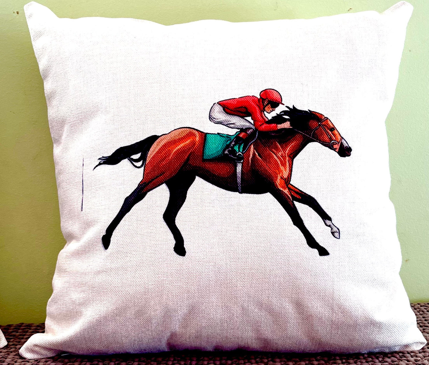 And Their Off!!!Kentucky Derby and horse racing throw pillow of Race Horse and Jockey down the stretch. woven texture, machine wash 18 x 18