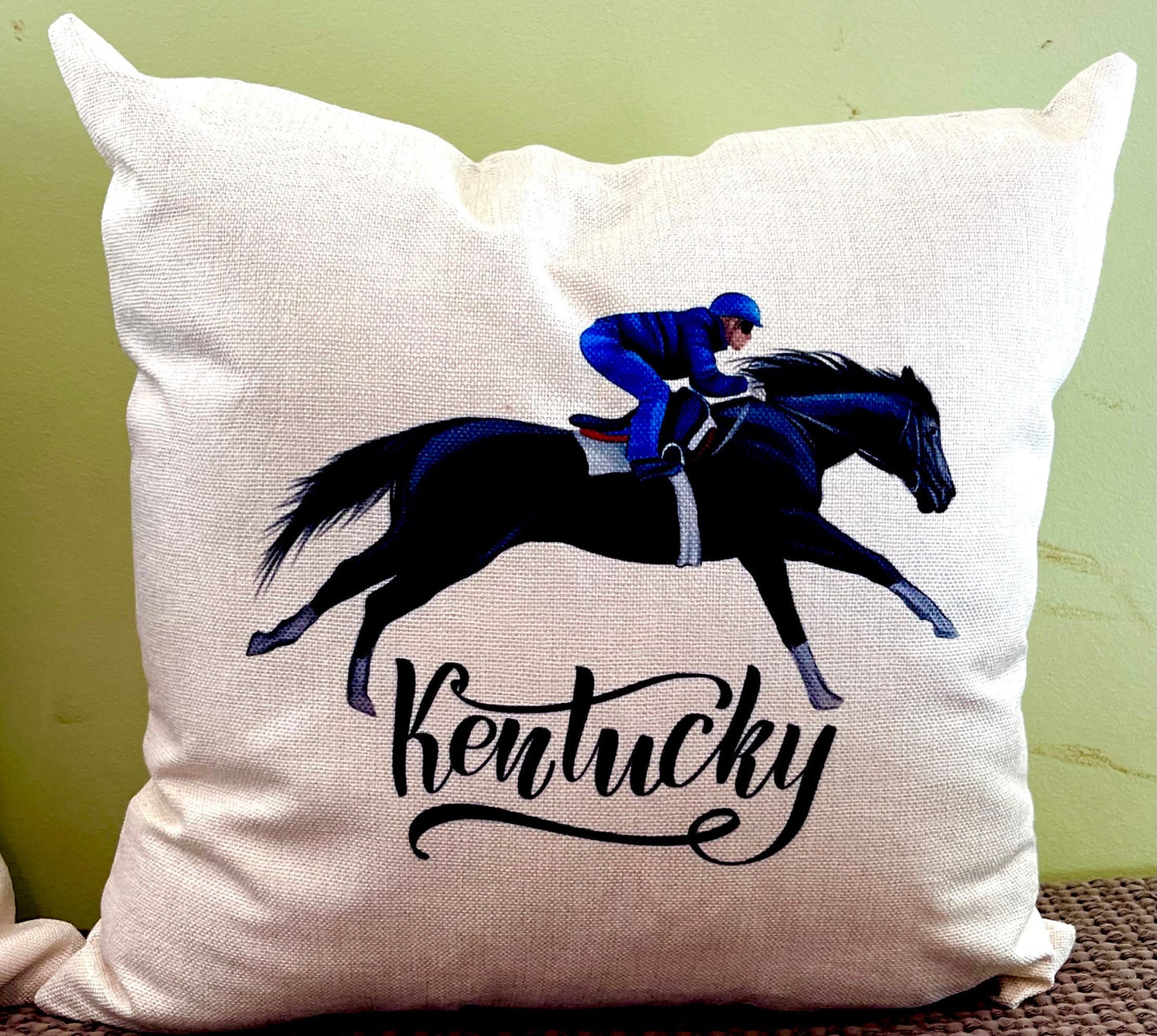 And Their Off!!!Kentucky Derby and horse racing throw pillow of Race Horse and Jockey down the stretch. woven texture, machine wash 18 x 18