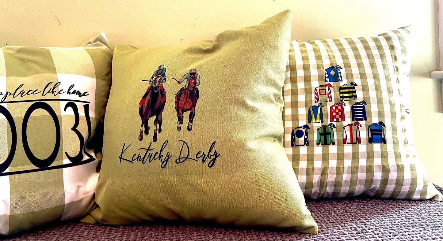 And Their Off!!!Kentucky Derby and horse racing throw pillow, one of a kind . Unique textures 18 x 18 cover only