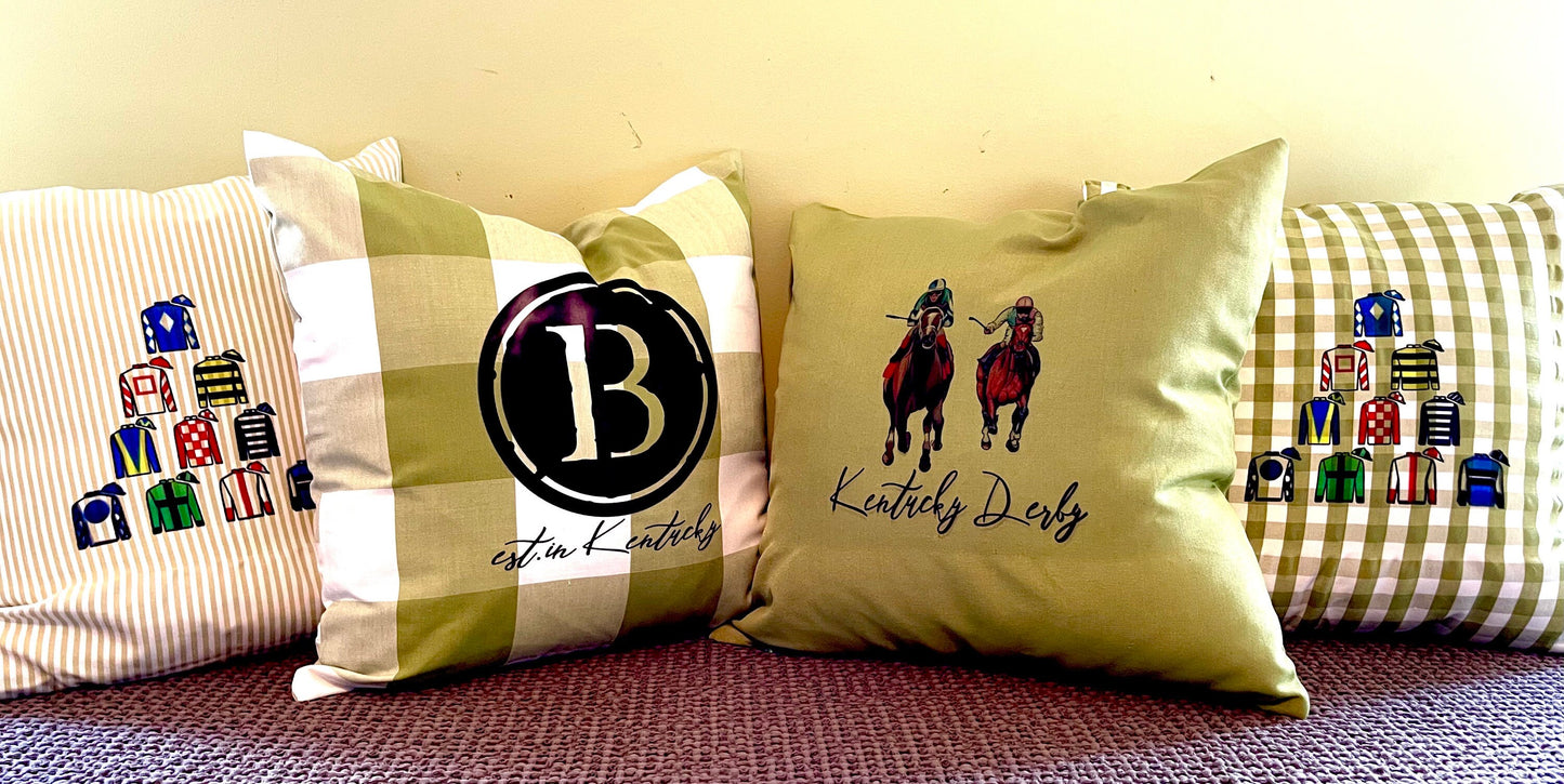 Idea of what the other pillows look like with a print, we hope to update soon with an actual letter monogram. Thanks