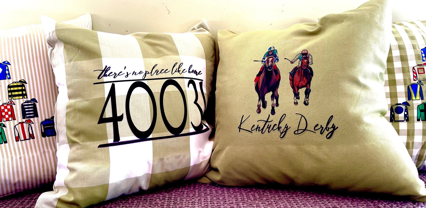 And Their Off!!!Kentucky Derby and horse racing throw pillow, one of a kind . Unique textures 18 x 18 cover only