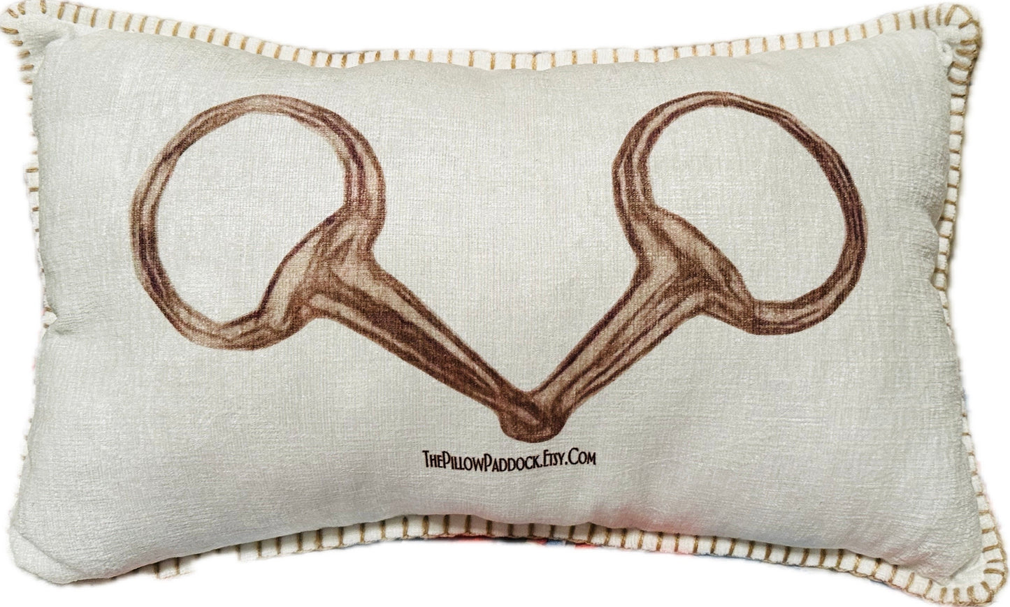 Beautiful soft chenille lumbar with Irons on the Ivory Pillow. We can do any design on this print and can add a logo, horses name, farm, barn, rider, etc. The bit will be smaller if personalized due to spacing.