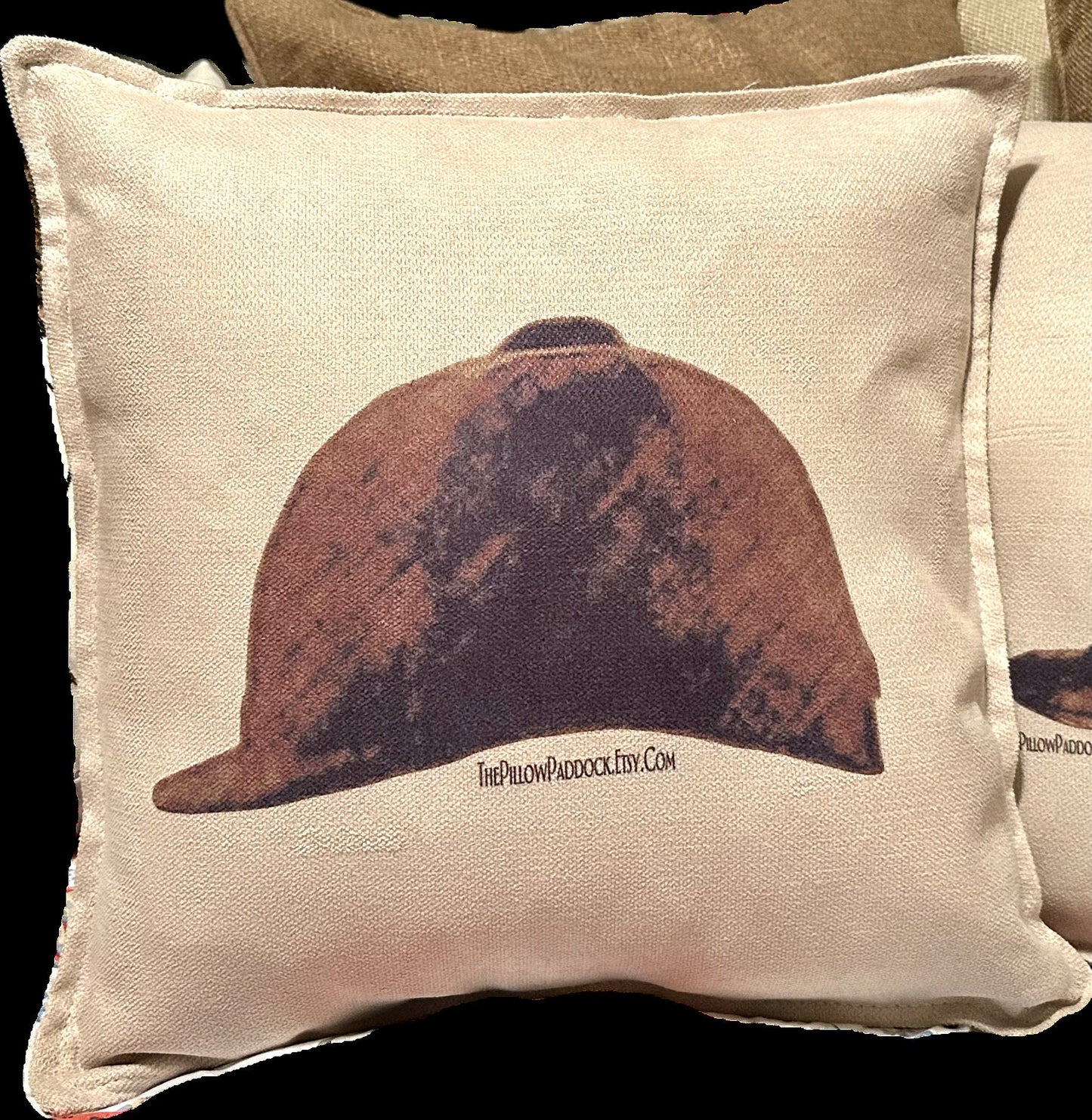 The Rein Collection, equine themed velour pillow cover in warm beige with Saddle,Boots & Helmet 16 x 16