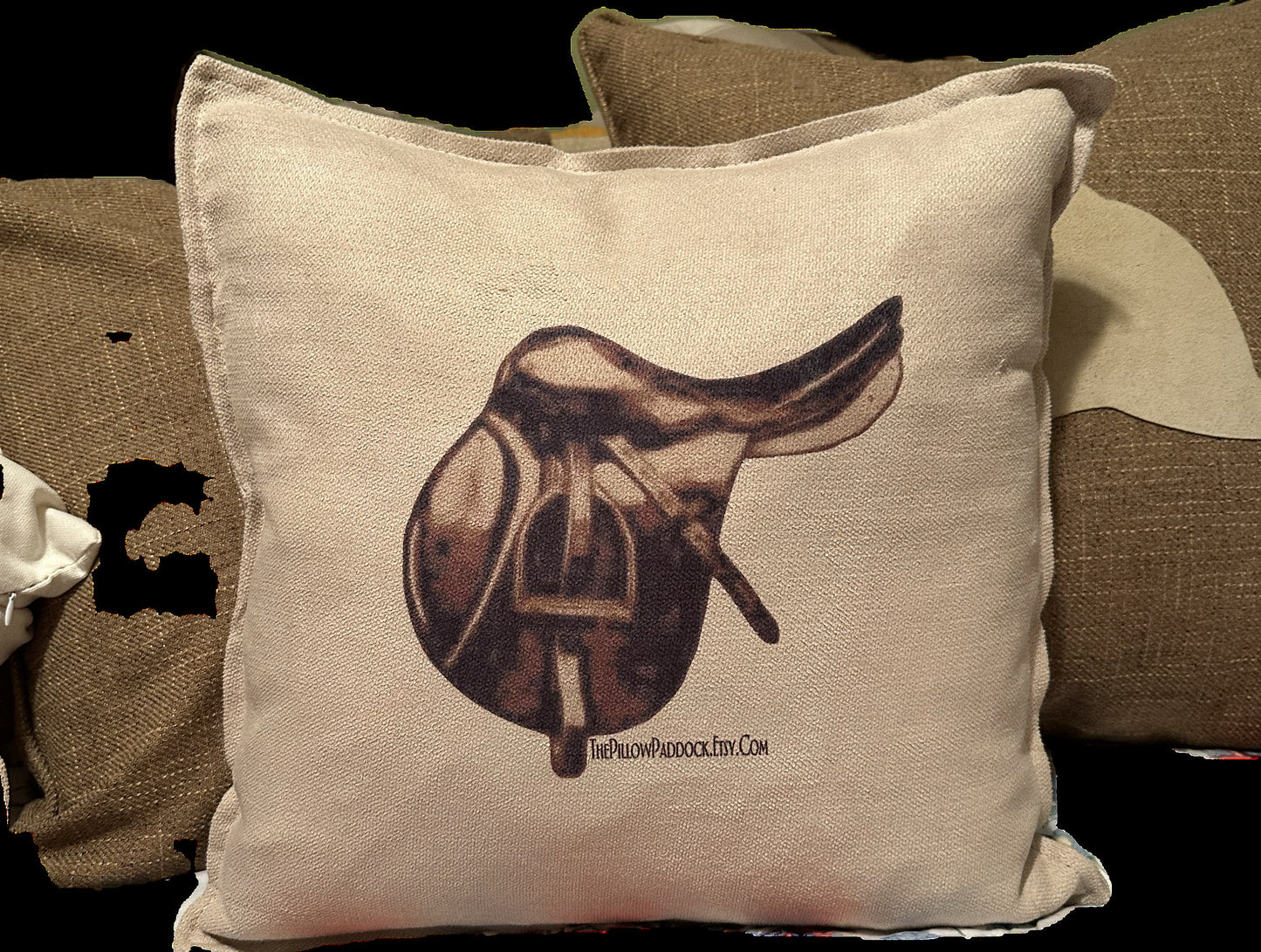 The Rein Collection, equine themed velour pillow cover in warm beige with Saddle,Boots & Helmet 16 x 16