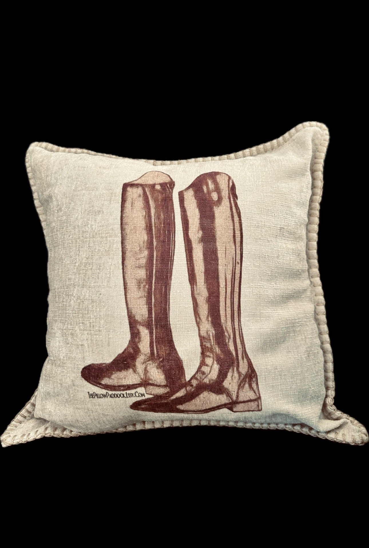 The only boots that are allowed on a couch.This is the beige on beige with the Dark Vintage Collection and can be printed on the lumbar or the Ivory.