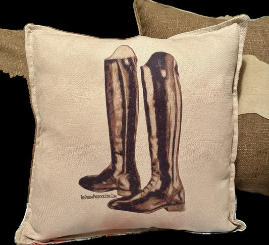 The Rein Collection, equine themed velour pillow cover in warm beige with Saddle,Boots & Helmet 16 x 16