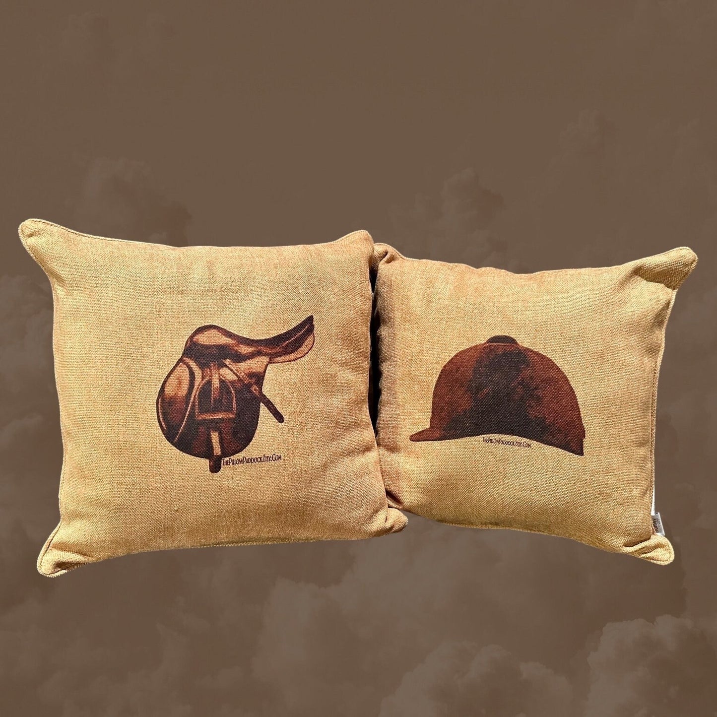 Pair of Super soft lush earth tones with Equestrian English Saddle and helmet pair. A dark Vintage motif on a 20 x 20 accent pillow.