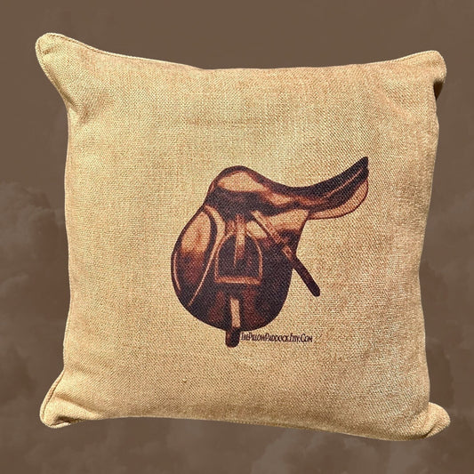 Pair of Super soft lush earth tones with Equestrian English Saddle and helmet pair. A dark Vintage motif on a 20 x 20 accent pillow.