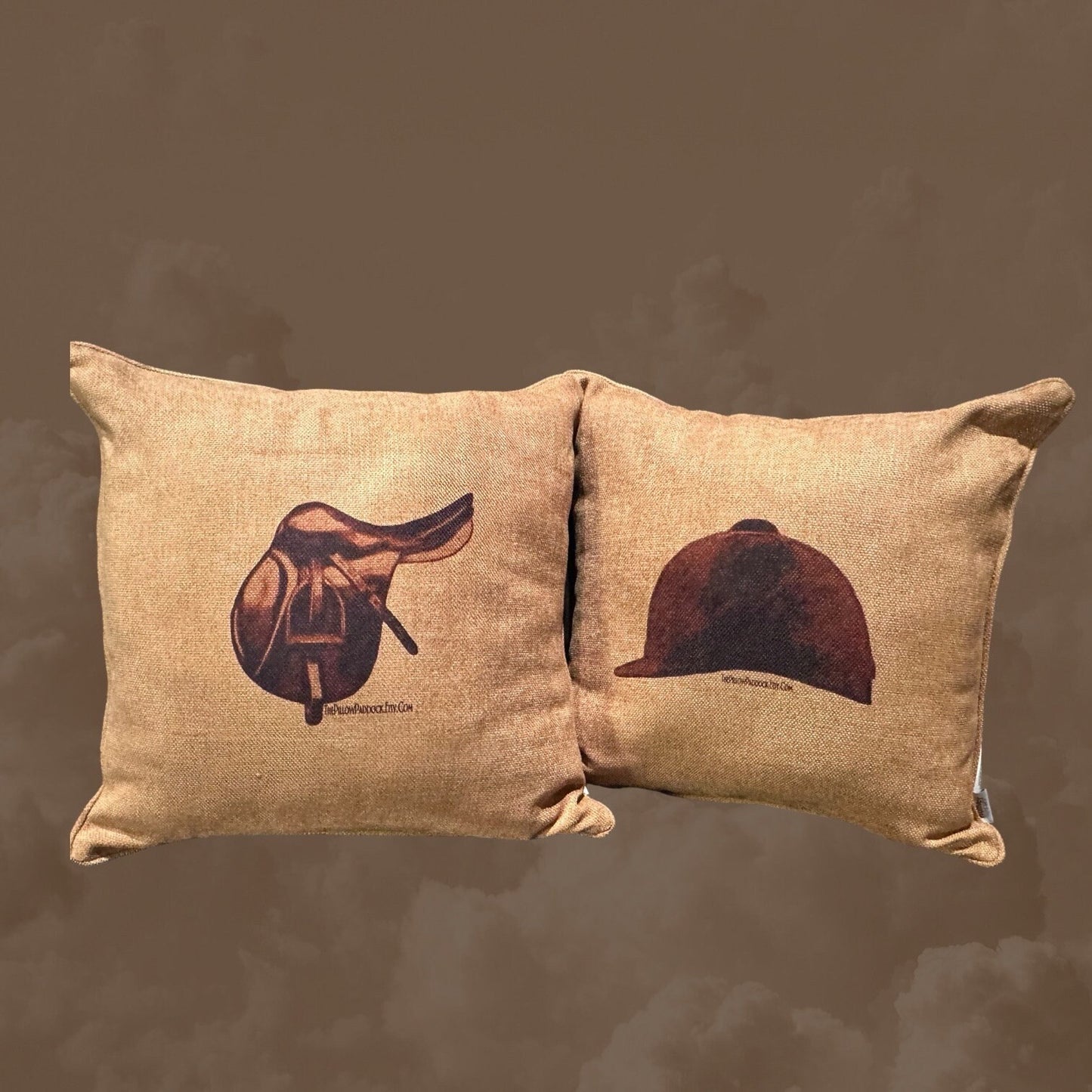 Pair of Super soft lush earth tones with Equestrian English Saddle and helmet pair. A dark Vintage motif on a 20 x 20 accent pillow.